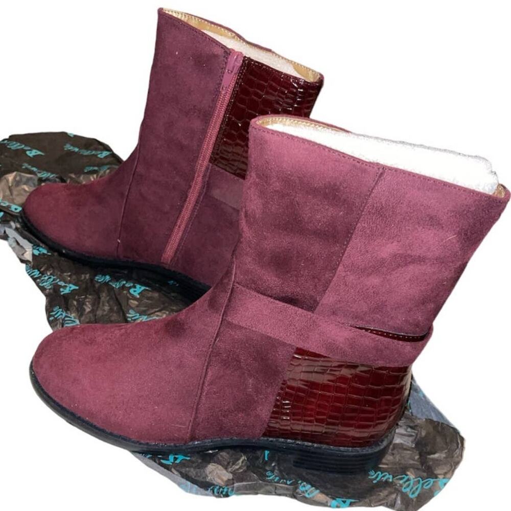 Bellini Deep Dark Red Suede Booties with Alligator Accent size 7W